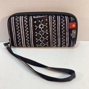 Ethnotek Wallet Wristlet Indian Textile Accordion Travel Clutch RFID Black Brown